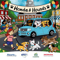 Cartoon of a people playing with dogs, Honda and Hounds Block Party and Pet Expo