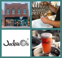 Image of beer pint, building and Jackie O's logo
