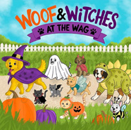 Cute drawing of dogs and cats in halloween costumes, says: Woof and Witches at The Wag